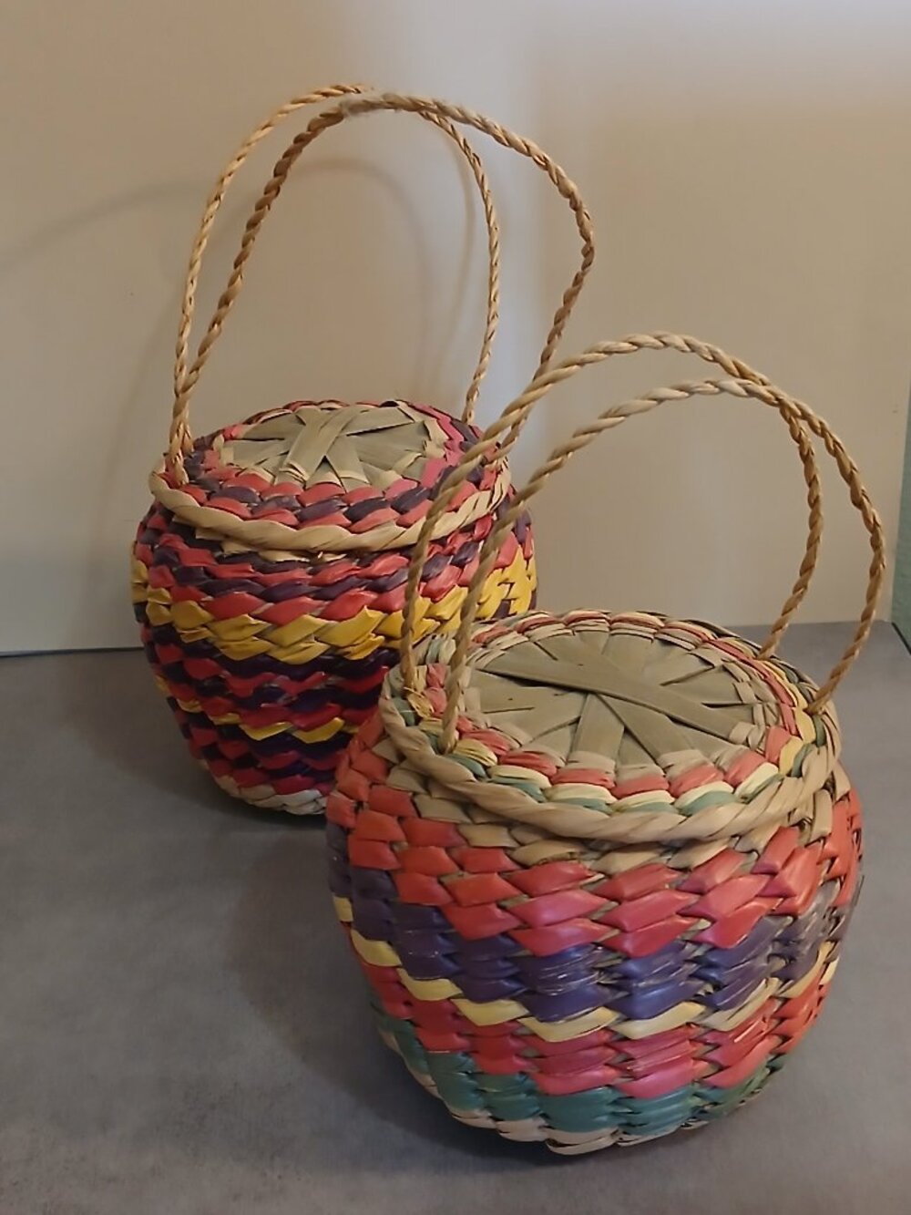 Two Vintage Handwoven Colorful Lidded Palm Straw Baskets-Mexico